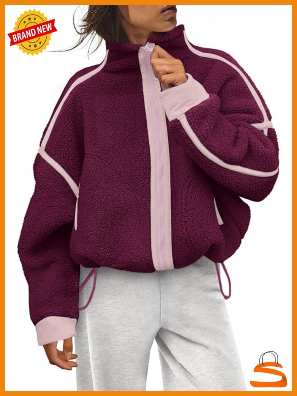 Sherpa Fleece Zip Up Jacket Women Cropped Cinch Waist Coat